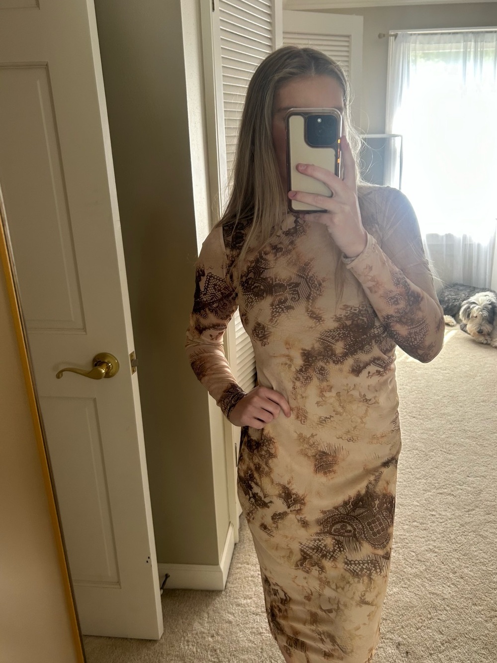 PrettyLittleThing Tan & Brown Printed Long-Sleeve Maxi Dress